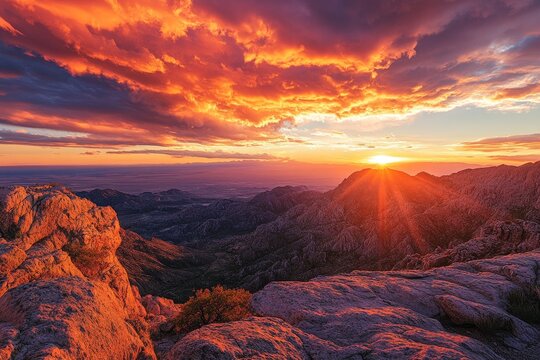 Dramatic sunset over new mexico desert with mount lemmon  nature s vibrant hues and shadows