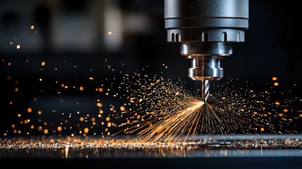Dynamic machine cutting metal sparks flying in a precision cnc milling process demonstrating advanced manufacturing skills