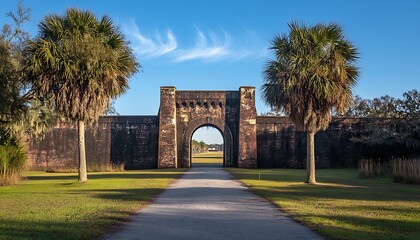 Obraz premium Historic archway park entrance, sunny day