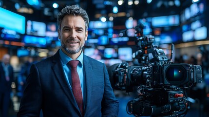 Smiling News Anchor in Studio: A confident male news anchor, dressed in a suit and tie, stands in a bustling news studio filled with cameras and monitors.