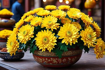 yellow flowers in a red and gold vase on a table