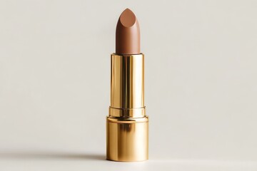 Close-up of elegant nude brown lipstick in a shiny golden tube on white background with soft studio lighting