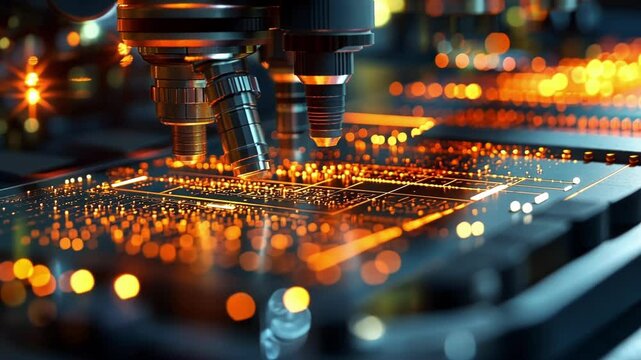 Close up of a microscope examining a microchip, highlighting the intersection of science and technology. Bright orange lights emphasize the precision and innovation in modern research