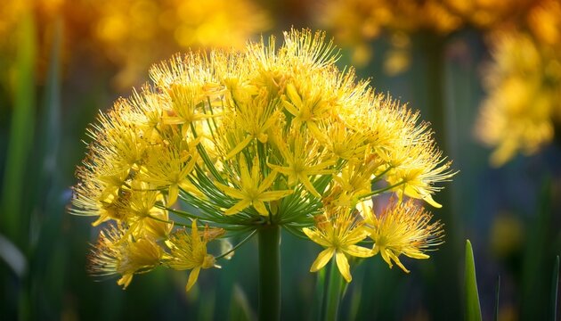 allium moly yellow golden lily leek garlic flowers in bloom background