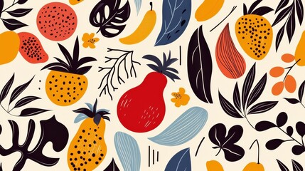 Vibrant Pattern of Tropical Fruits and Leaves Creating a Lush Design