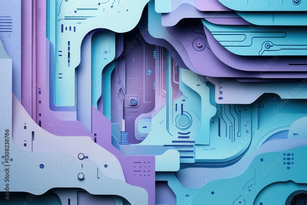 Poster Futuristic layered paper art background showcasing abstract digital circuits and data flows in cool tones Generative AI