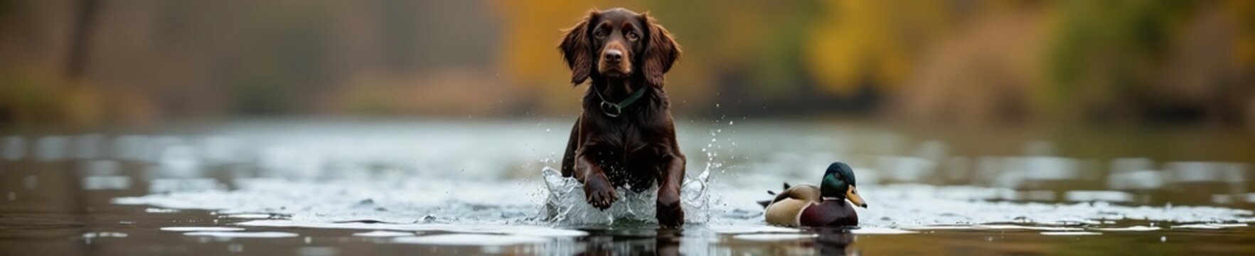 Boykin Spaniel retrieves mallard duck from water, proud stance, white, hunting, animal