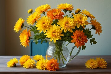 there are many yellow flowers in a clear vase on a table