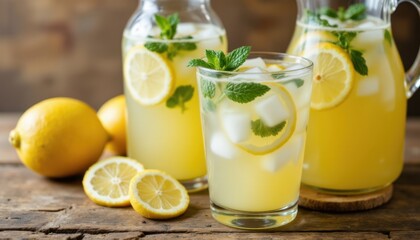 A tall glass of zesty lemonade, garnished with fresh mint leaves and served over ice