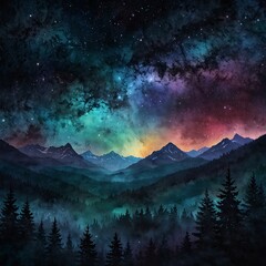 Mystical Night Sky and Dreamy Mountain Landscape