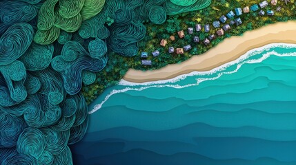 A Vibrant Beach Scene Surrounded by Lush Trees and Charming Houses