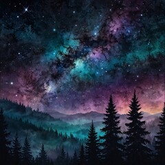 Mystical Night Sky and Dreamy Mountain Landscape