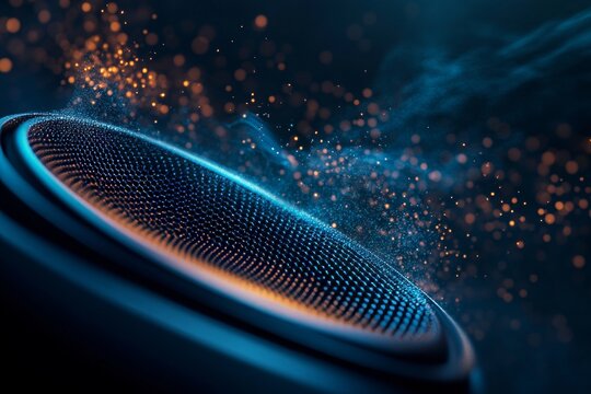 Striking audio speaker design with glowing blue waves and floating particles for modern branding