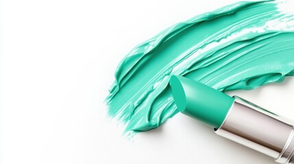 A vibrant turquoise lipstick is displayed next to a smooth swipe of the same shade, showcasing its creamy texture and color payoff