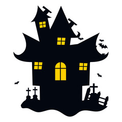 Halloween Haunted House Silhouette Isolated on White Background.