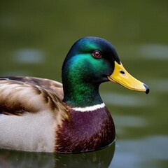 Close-up of mallard's iridescent plumage, water backdrop , back, feathers, lake