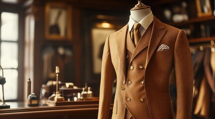 Tan three-piece suit displayed in a classic tailor shop