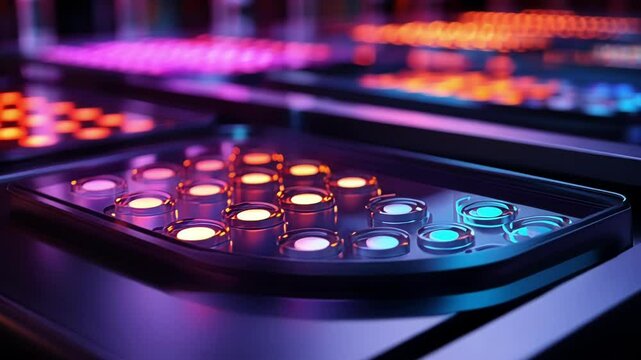 A closeup image of a multiwell plate each well containing various cell types and fluorescent dyes showcasing the automated transport mechanism that ensures efficient imaging across
