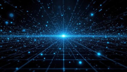 Obraz premium An intricate and dynamic visual representation of interconnected digital particles and lines moving rapidly across a grid