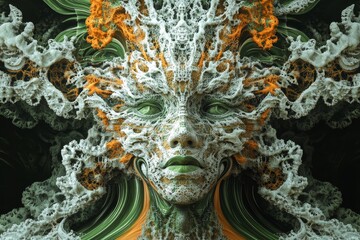 Fototapeta premium Intricate fractal artwork of a stone head statue with cosmic patterns on a dark background