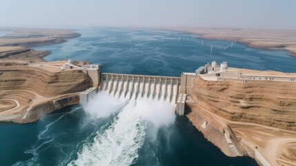 Aerial View of a Large Hydroelectric Dam Supplying Power to a City.