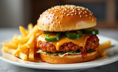 crispy chicken burger with cheddar and jalape&ntilde;o served with fries