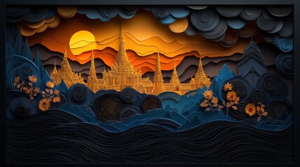 Artistic Paper Cut Representation of Cityscape Under Vibrant Sunset
