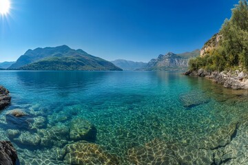 Obraz premium Breathtaking panoramic view of lake fiordo turquoise waters, majestic mountains, and lush forests