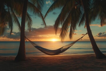 Serene hammock between palm trees on a secluded beach with a stunning sunset over the horizon