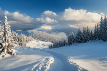 Fototapeta premium Breathtaking winter scene of the carpathian mountains with snow covered pines and sunlit peaks