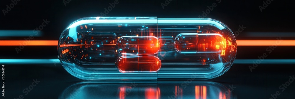 Poster Futuristic transparent pill bottle with glowing capsules in cyberpunk aesthetic and high tech design Generative AI