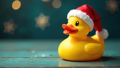 Close-up view of a rubber duck in a red Santa hat , red, adorable