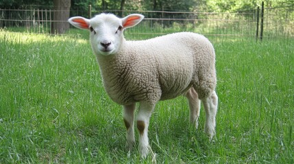 Fototapeta premium A pristine white sheep stands majestically in a lush green field, gazing leftward with its thick, shaggy wool catching the light, embodying serene elegance