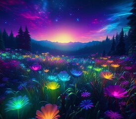 Alien landscape with glowing neon color flowers and vivid sky.