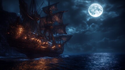 Obraz premium Dark pirate ship at night, moonlit sea. Possible stock photo