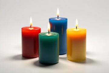 three candles are lit in different colors on a white surface