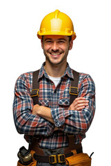 A smiling construction worker in a yellow hard hat and a red-and-blue plaid shirt over tan work overalls, arms crossed