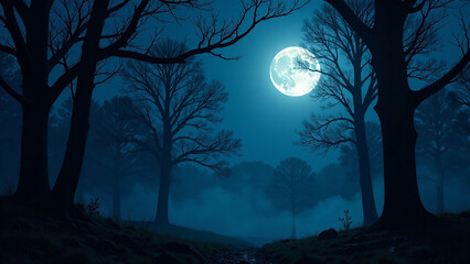 Fototapeta premium Generate a photo of a serene moonlit forest at night. Full moon illuminating bare trees. Focus on depth and mood; create a feeling of quiet mystery. Use soft, ambient lighting. Style should be rea