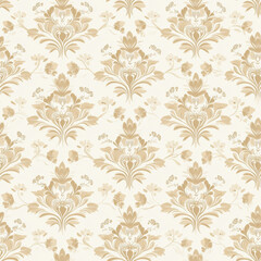 Elegant floral damask pattern in beige and cream tones, perfect for wallpaper or fabric design. This intricate design features delicate flowers and ornate motifs, creating sophisticated ambiance
