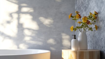 Sunlit bathroom, flowers, minimalist decor, calm ambiance, spa-like setting