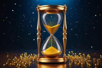 arafed hourglass with sand and gold glitters on a dark background