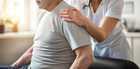 Fototapeta premium Elderly man receiving care from healthcare professional in clinic. compassionate touch of caregiver provides comfort and support during consultation