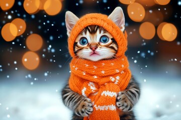 Jocular pets. Happy cute baby cat bengal in winter warm clothes,