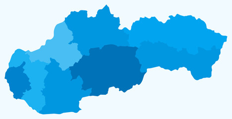 Map of Slovakia with regions. A simple country border map with regional divisions. Light blue color palette. Plain Slovakia shape with administrative division. Vector illustration.