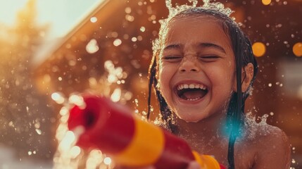 A young girl is laughing and splashing water while playing with a water gun in a sunny backyard, showcasing her carefree summer fun