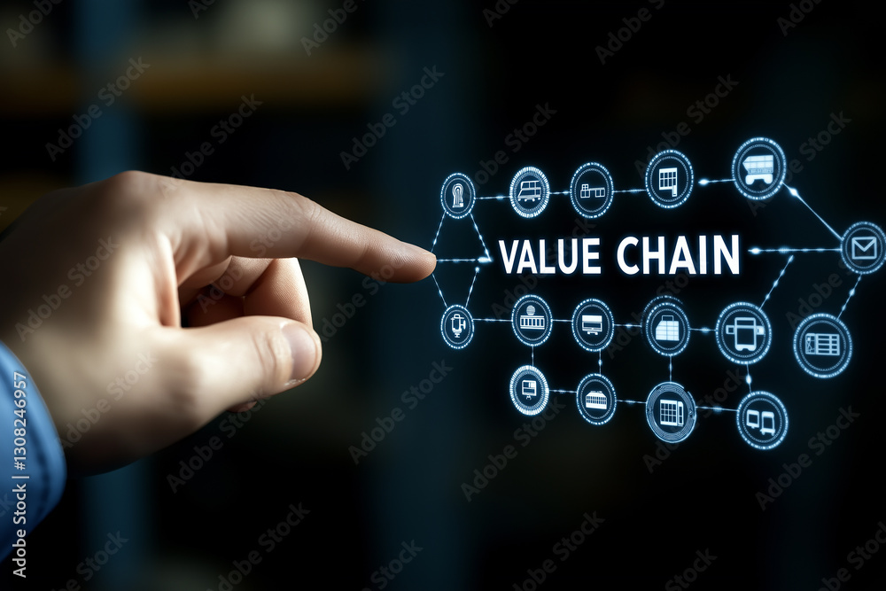 Aufkleber businessman pointing value chain icon on virtual screen