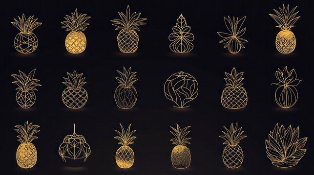 Golden pineapple line art collection, various shapes, dark background, stock illustration, use in design projects