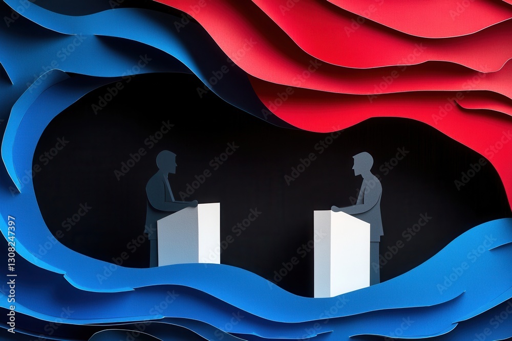 Poster engaging political debate depicted through layered paper art in dynamic colors and silhouettes gener