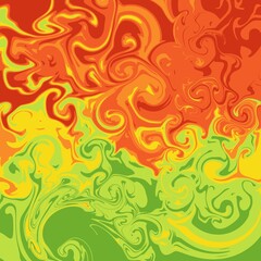 Abstract artwork featuring swirling patterns in red, orange, yellow, and green hues.