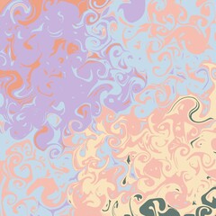 Abstract artwork featuring swirling patterns of pastel colors, primarily lavender, peach, pale yellow, and sky blue